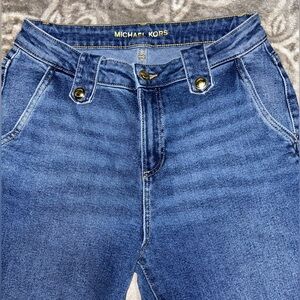 Michael Kors High-Rise Blue Wash Denim Jeans with Gold Hardware wide leg sz 4